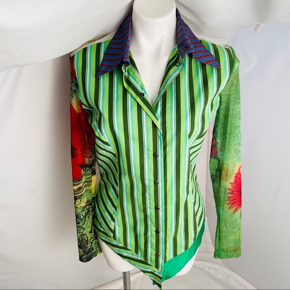 Save the Queen green multicolor stripe snap shirt S - Picture 2 of 14